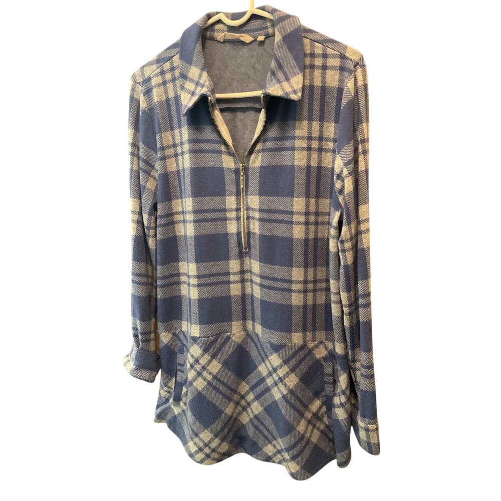 Soft Surroundings Womens Plaid Tunic Dress 1/4 Zip Collar Blue Large